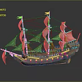 Vintage Sailing Ship Model with Wooden Hull Multiple Masts Detailed Sails and Dark Background Reflection