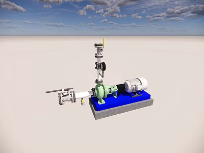 Industrial Pump Equipment With Green Motor White Pipes Gauges And Blue Mounted Base 3d model
