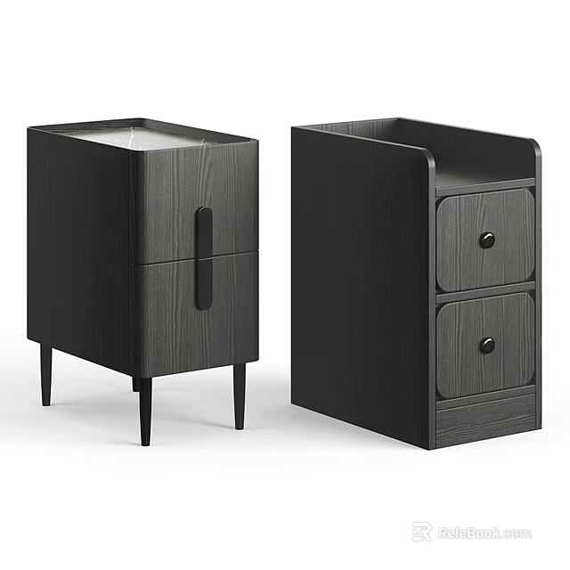 Modern Black Wooden Bedside Tables With Single Drawer Handle And Double Drawer Knobs 3d model