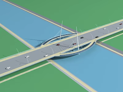 Modern Cable Stayed Bridge Design Spanning Blue Water With Vehicles On Roadway And Intersecting Roads 3d model
