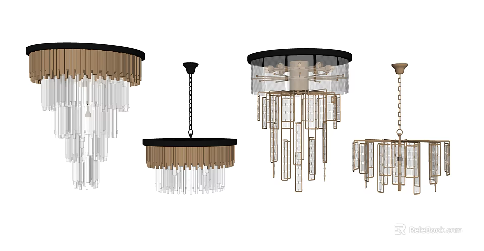 Modern Crystal Chandeliers With Black Gold Frames And Hanging Crystal Pendants 3d model 