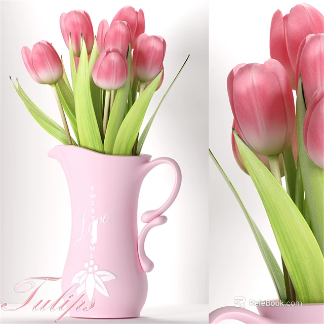Elegant Pink Decorative Ornament Set With Tulips Green Leaves And Vase Design 3d model 