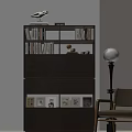 Modern Dark Brown Bookshelf With Layered Books Decorative Items Cabinets Floor Lamp And Chair