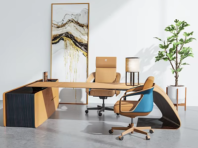 Modern Office Desk With Ergonomic Chair Blue Accent Chair Table Lamp Potted Plant And Abstract Art 3d model