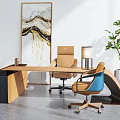 Modern Office Desk With Ergonomic Chair Blue Accent Chair Table Lamp Potted Plant And Abstract Art