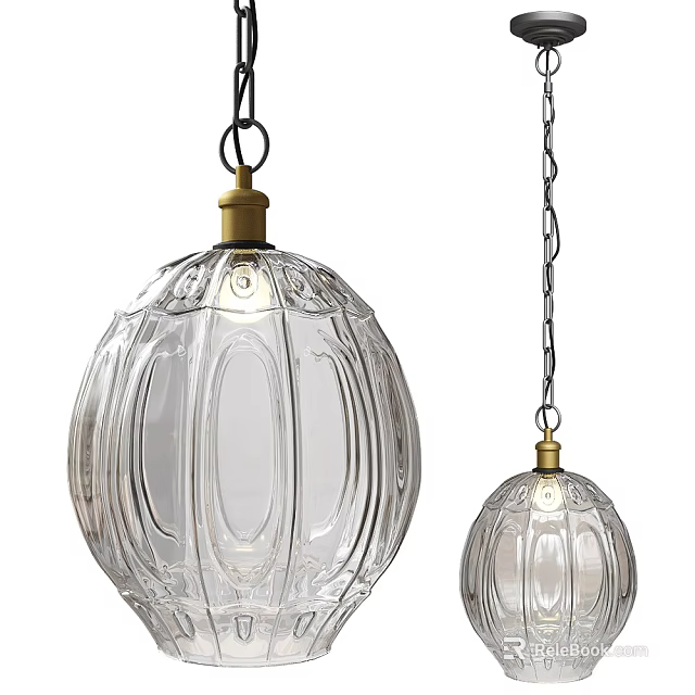 Transparent Glass Pendant Lights with Striped Design Golden Top and Black Chains 3d model 