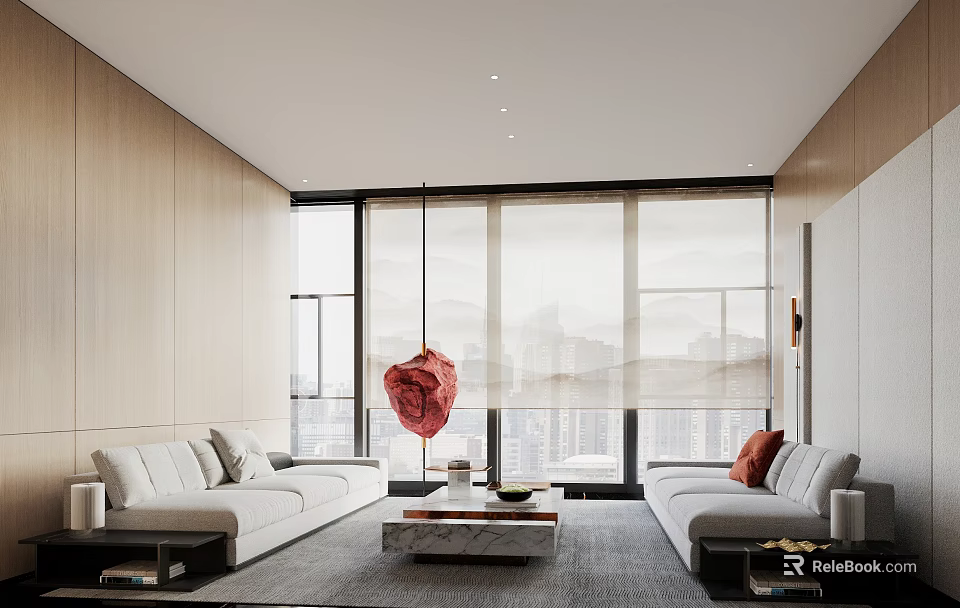 Hotel Public Lounge With Wooden Walls Large Windows Cityscape White Sofas And Red Pendant Light 3d model 