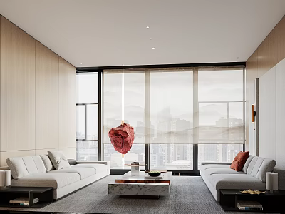 Hotel Public Lounge With Wooden Walls Large Windows Cityscape White Sofas And Red Pendant Light 3d model