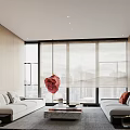 Hotel Public Lounge With Wooden Walls Large Windows Cityscape White Sofas And Red Pendant Light