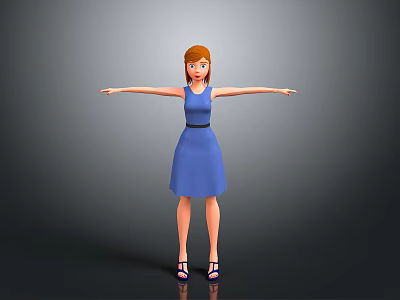 3D Female Character In Blue Dress With Red Hair And Outstretched Arms On Gray Background 3d model