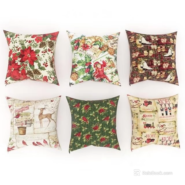 Decorative Throw Pillows With Various Festive Patterns Including Floral Deer And Holiday Prints 3d model