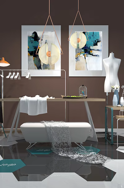 Modern Functional Desk Workspace With Clothing Rack Hanging Clothes And Decorative Paintings 3d model
