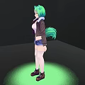 Woman With Green Hair Cat Ears Wearing White Top Blue Denim Shorts Brown Jacket