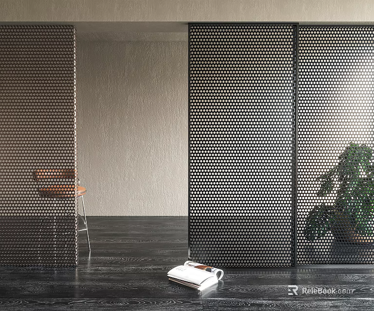 Black Perforated Metal Room Divider In Modern Interior With Plant And Chair 3d model 