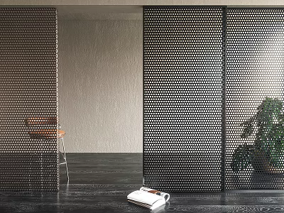 Black Perforated Metal Room Divider In Modern Interior With Plant And Chair 3d model