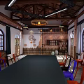 Spacious Conference Room With Long Table Colorful Chairs Arched Windows And Wooden Ceiling