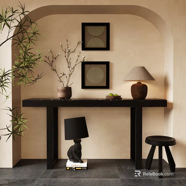 Elegant Console Table With Decorative Wall Art Potted Branches Table Lamps And Stool 3d model