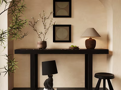 Elegant Console Table With Decorative Wall Art Potted Branches Table Lamps And Stool 3d model