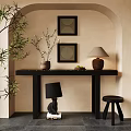 Elegant Console Table With Decorative Wall Art Potted Branches Table Lamps And Stool