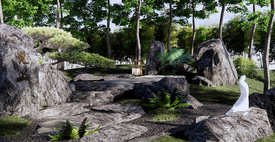 Natural Rockery Stones In Garden Landscape With Lush Green Plants And Tall Trees 3d model 