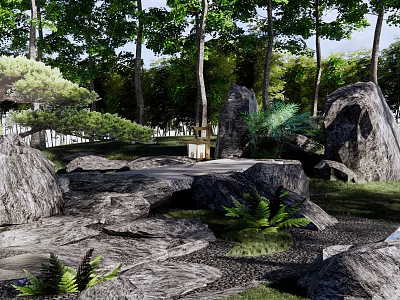 Natural Rockery Stones In Garden Landscape With Lush Green Plants And Tall Trees 3d model
