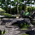 Natural Rockery Stones In Garden Landscape With Lush Green Plants And Tall Trees