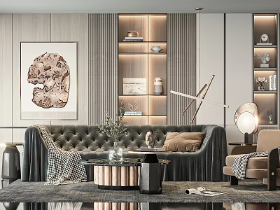 Modern Grey Sofa And Coffee Table Set With Decorative Artwork Floor Lamp And Shelves 3d model