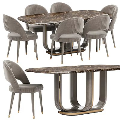 Modern Dining Table Set With Marble Tabletop And Grey Velvet Upholstered Chairs 3d model