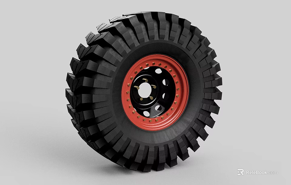 Off Road Tire Featuring Deep Tread Blocks And Red Rim Design Construction 3d model 