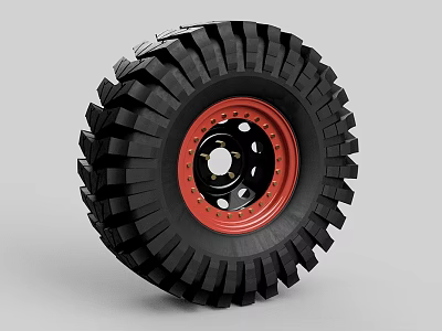 Off Road Tire Featuring Deep Tread Blocks And Red Rim Design Construction 3d model