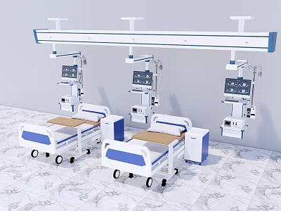 Professional Medical Equipment Featuring Multiple Beds And Overhead Monitors In Hospital Ward 3d model