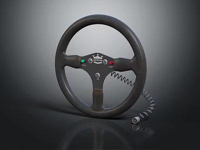Black Car Steering Wheel With Red Green Indicator Lights And Coiled Cable 3d model