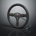 Black Car Steering Wheel With Red Green Indicator Lights And Coiled Cable 3d model