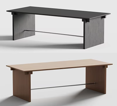 Modern Dining Tables with Black and Beige Tops Wooden Legs and Metal Support Bar 3d model