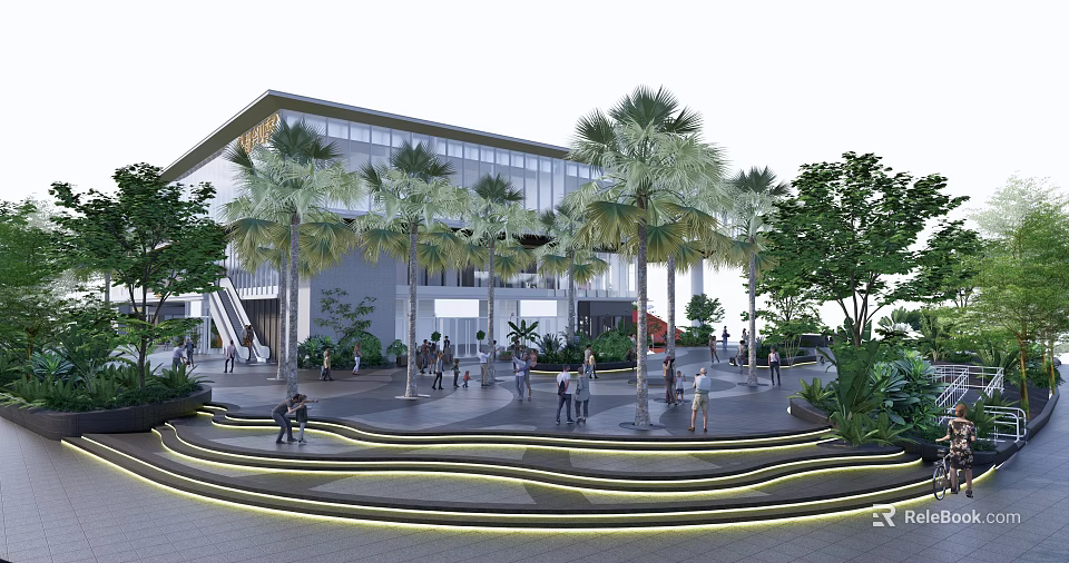 Modern Plaza Landscape with Palm Trees Pedestrians Curved Steps Modern Building and Greenery 3d model 
