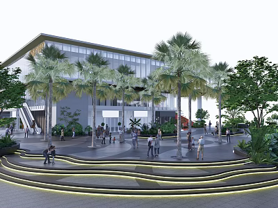 Modern Plaza Landscape with Palm Trees Pedestrians Curved Steps Modern Building and Greenery 3d model