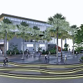 Modern Plaza Landscape with Palm Trees Pedestrians Curved Steps Modern Building and Greenery