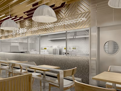Elegant Modern Restaurant Interior With Open Kitchen Pendant Lights And Wooden Tables 3d model