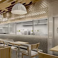 Elegant Modern Restaurant Interior With Open Kitchen Pendant Lights And Wooden Tables