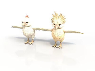Two White Chicks With Red And Yellow Crests Spread Wings Standing On White Background 3d model