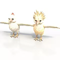 Two White Chicks With Red And Yellow Crests Spread Wings Standing On White Background