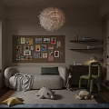Kids Room Interior Design With Soft Sofa Fluffy Pendant Light Corkboard And Green Chair