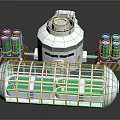 Cartoon Scene Featuring White Building With Green Cylindrical Tanks Circular Top Device And Grid Base