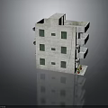 Three Story Gray Brick Building With Green Windows Balconies And Flower Pots