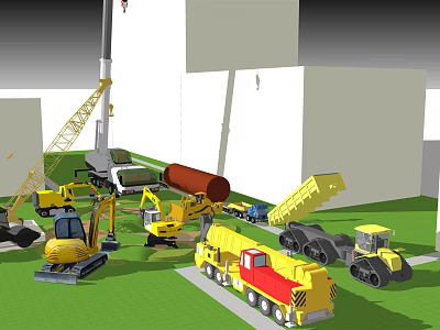 Assorted Heavy Construction Machinery Featuring Crane Excavator Dump Truck Roller And Pipe 3d model