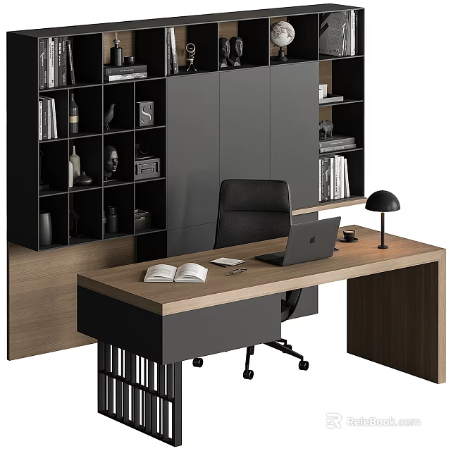 Modern Office Desk With Wooden Top Laptop Open Book Desk Lamp And Black Chair 3d model 