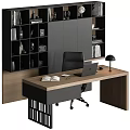 Modern Office Desk With Wooden Top Laptop Open Book Desk Lamp And Black Chair
