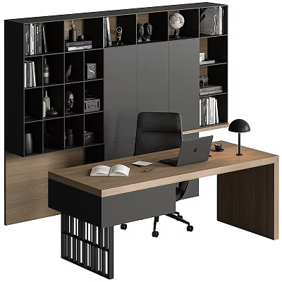 Modern Office Desk With Wooden Top Laptop Open Book Desk Lamp And Black Chair 3d model