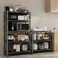 Organized Kitchen Storage Shelves With Microwave Bowls Jars And Fresh Fruits