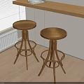 Two Wooden Bar Stools With Round Seats In Light Interior By Wooden Countertop